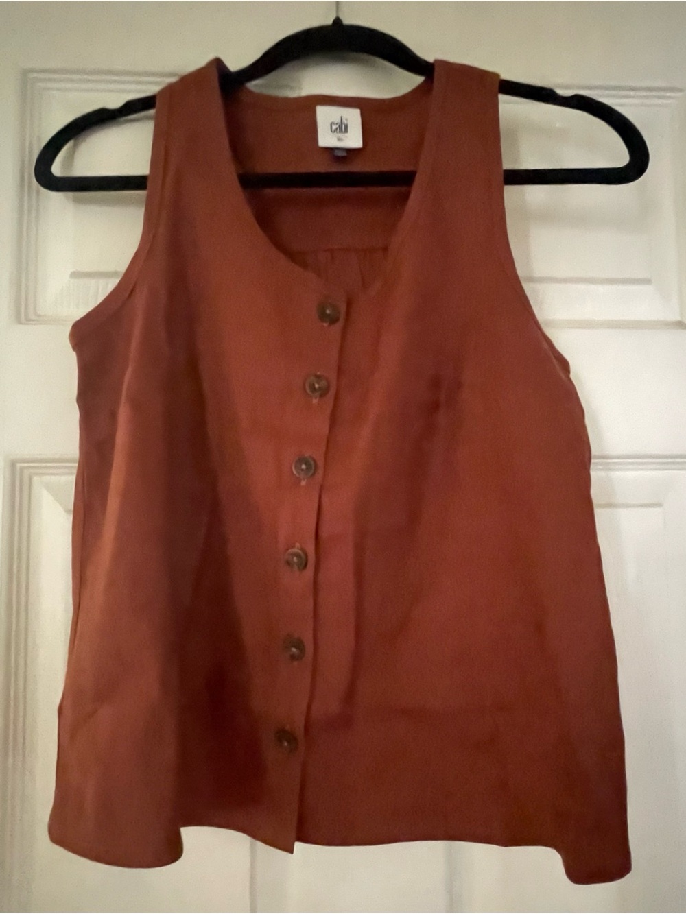 CAbi Rust-Red Button Front Linen-Blend Tank